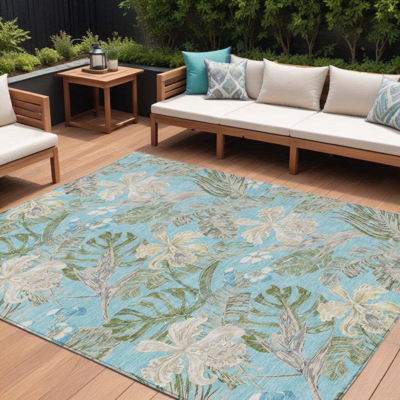 Edge Collections - 10' x 14' - Blue - Washable Botanical Leaves Area Rug for Indoor and Outdoor Use - 1 Piece